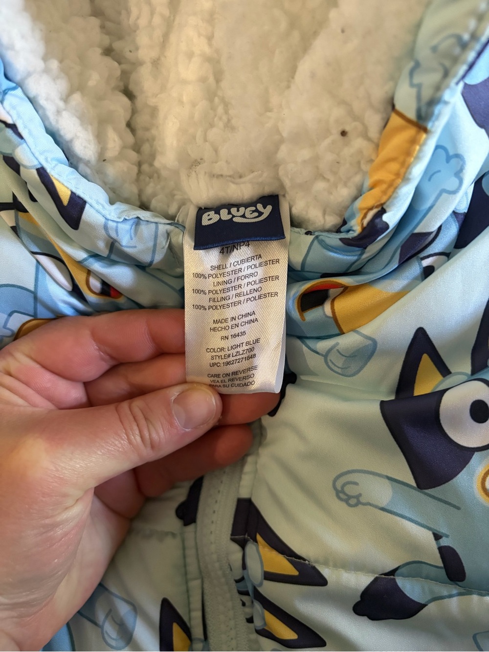 Bluey 4T Unisex Sherpa Lined Puffer Jacket with Hood & Pockets - Picture 2 of 4
